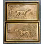 A pair of rectangular brass plaques depicting hunt