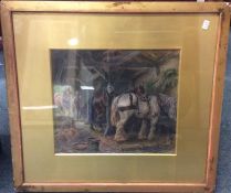 A gilt framed watercolour depicting a working shir