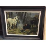 A framed oil on board depicting a woodland scene w