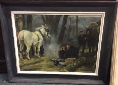 A framed oil on board depicting a woodland scene w