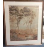A large framed and glazed watercolour depicting a