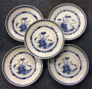A set of five Chinese blue and white pates decorat