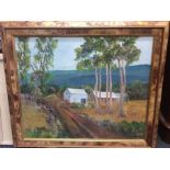 A framed oil on canvas depicting a woodland scene