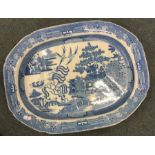 A large blue and white oval meat dish with drainer