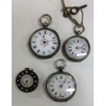 A group of four silver and other fob watches. Est.