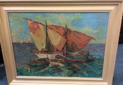 PERRET: A framed oil on canvas depicting boats on