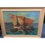 PERRET: A framed oil on canvas depicting boats on