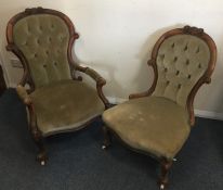 A pair of Victorian nursing chairs with button bac