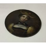 A circular oil painting depicting a lady on papier