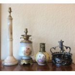 A Victorian oil lamp together with an alabaster la
