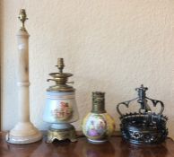 A Victorian oil lamp together with an alabaster la