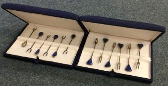 A boxed set of six lapis and silver olive forks, t