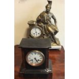 A marble mounted clock with a seated warrior toget
