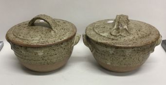 A pair of lidded stoneware pottery soup bowls with