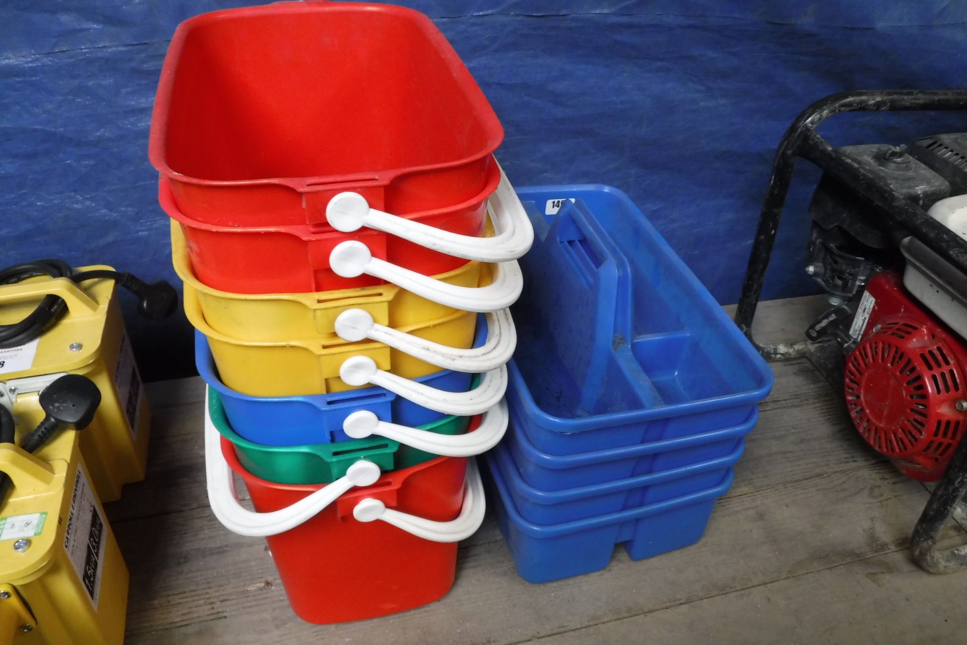 4x Plastic stacking trays with handles and 7x assorted buckets