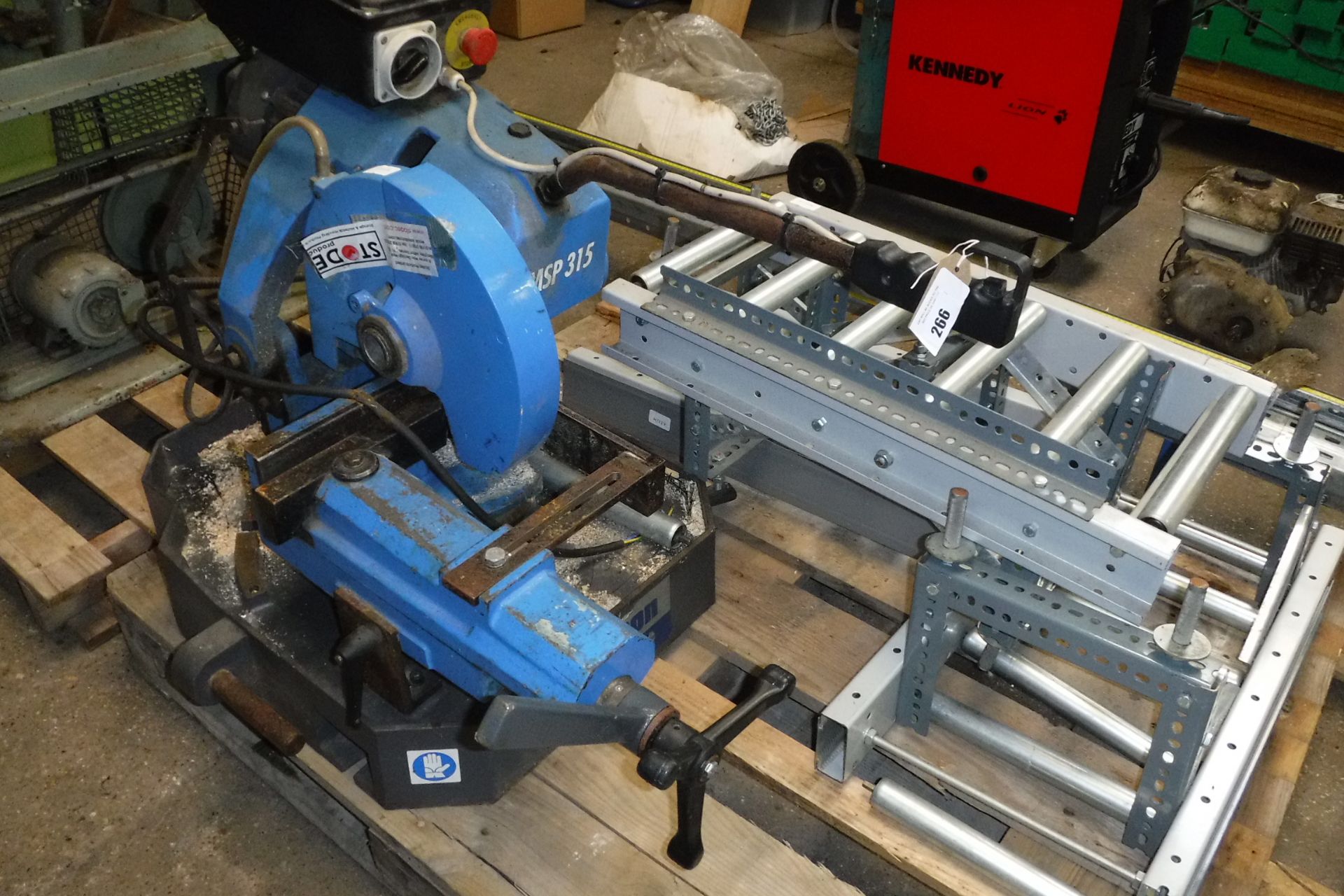 Addison MSP315 metal chopsaw with large clamp, 3 phase with associated converyor feed