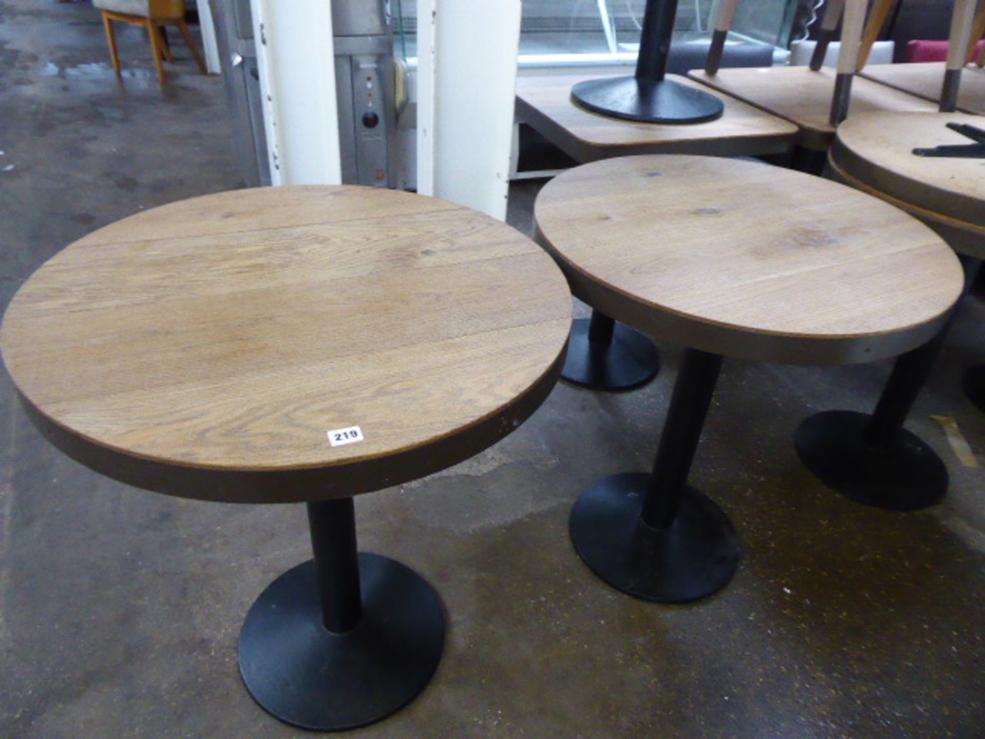 2 90cm circular top oak and metal banded bistro tables