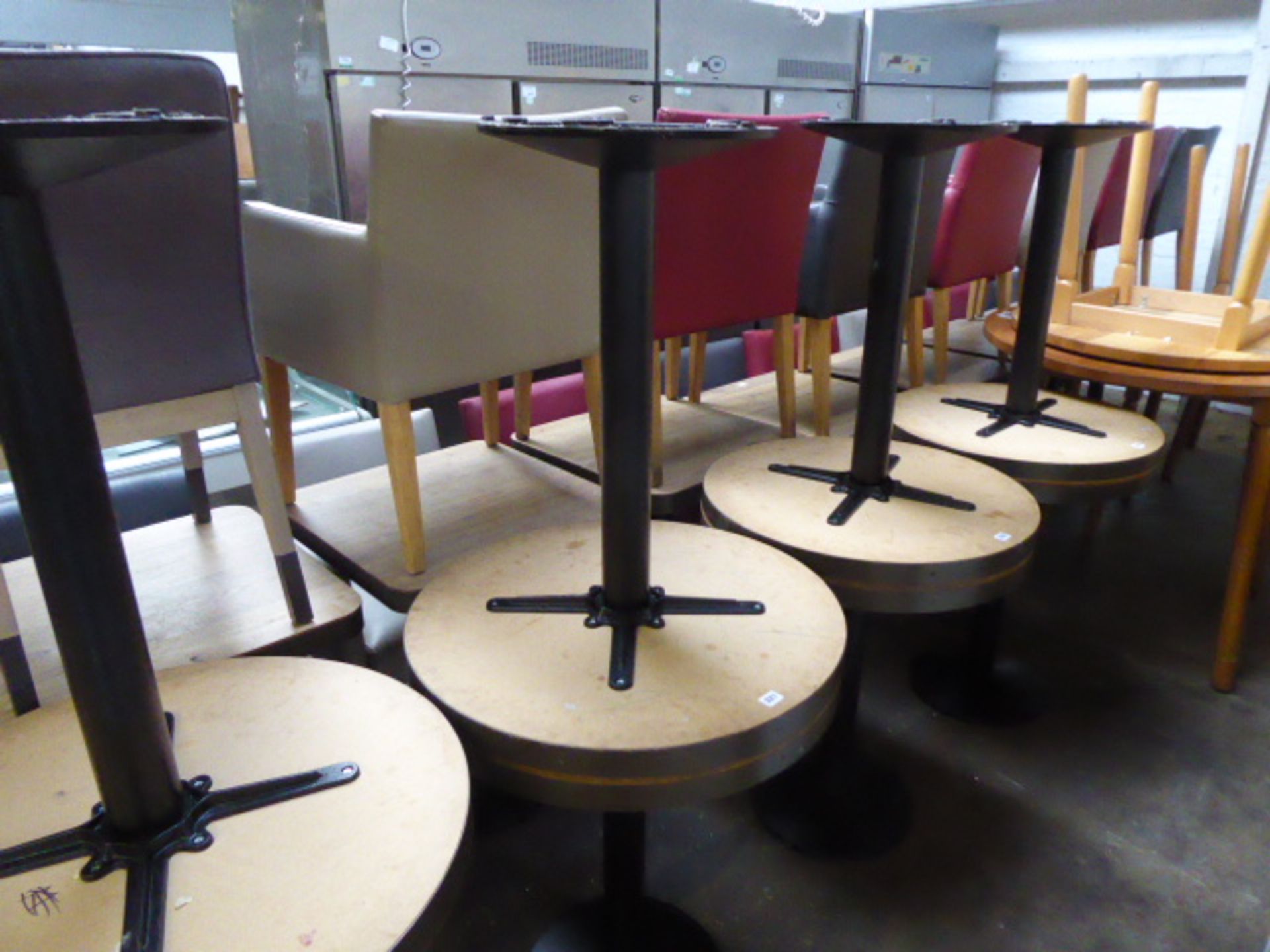 2 60cm square top oak and metal banded bistro tables