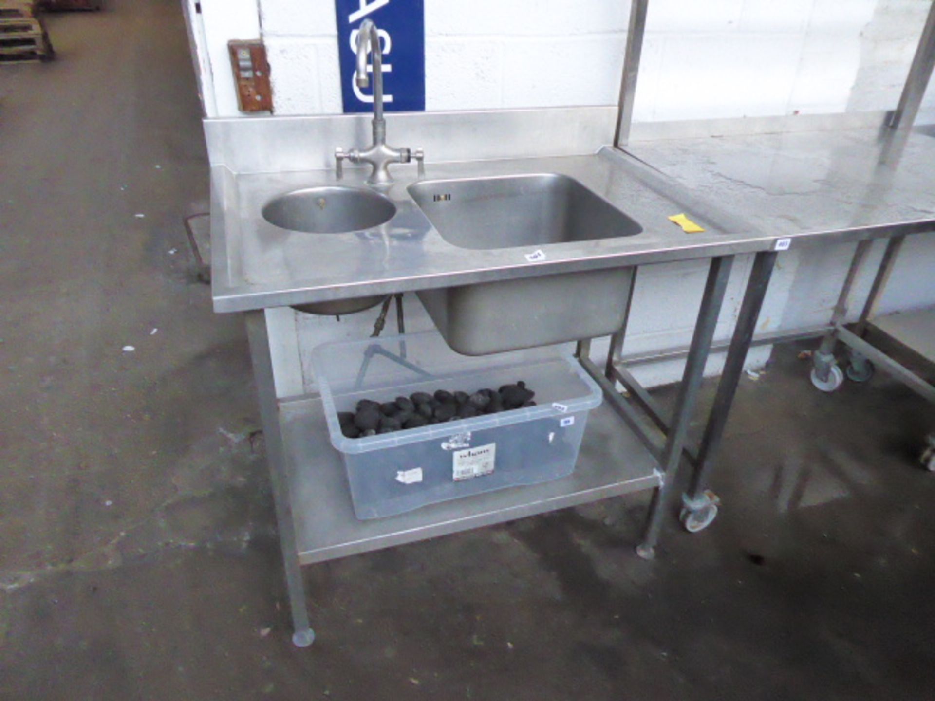 (44) 100cm stainless steel sink unit with single bowl and hand wash station with taps and shelf