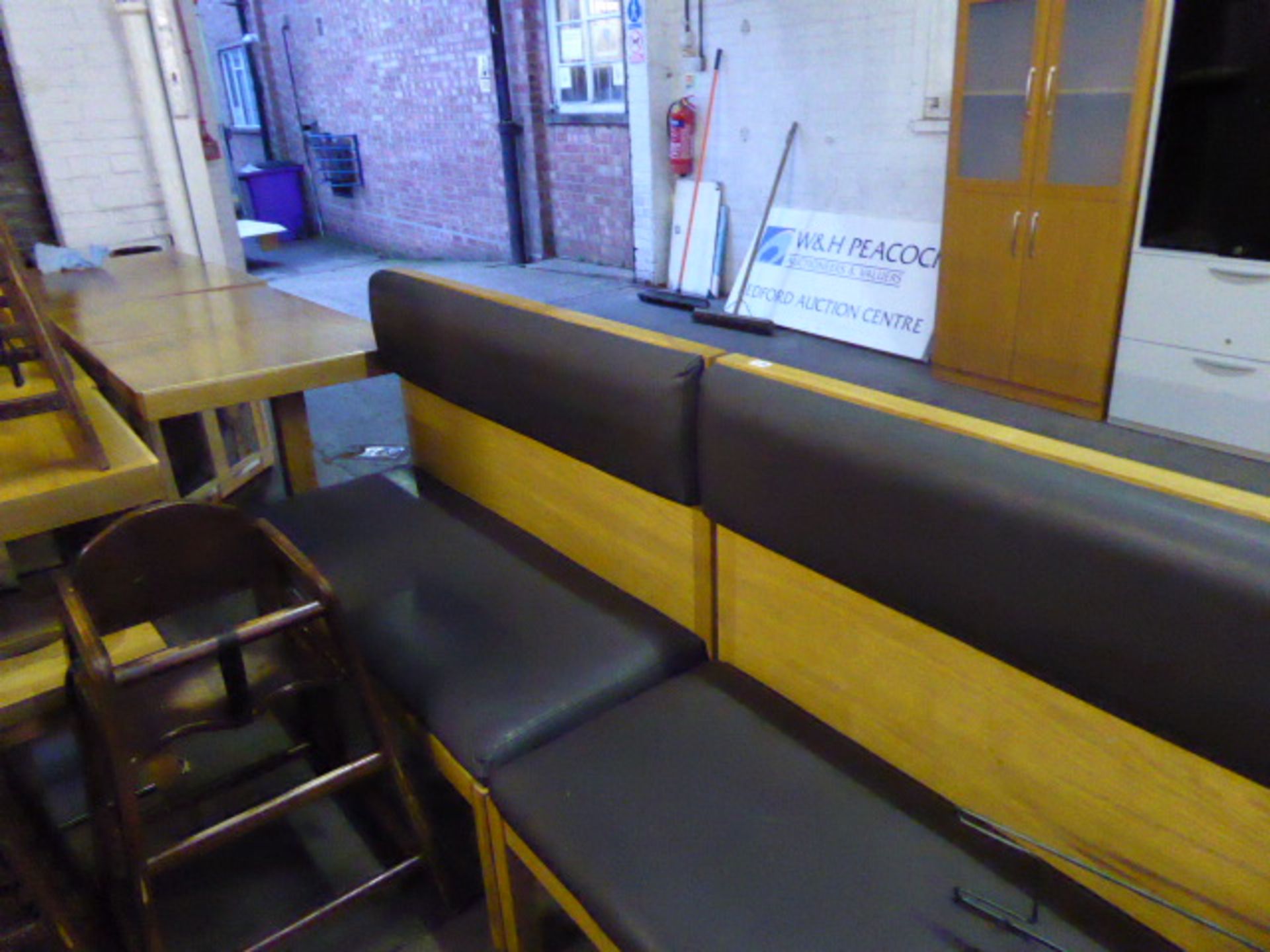 2 120cm solid oak frame and brown leather effect padded bench seats