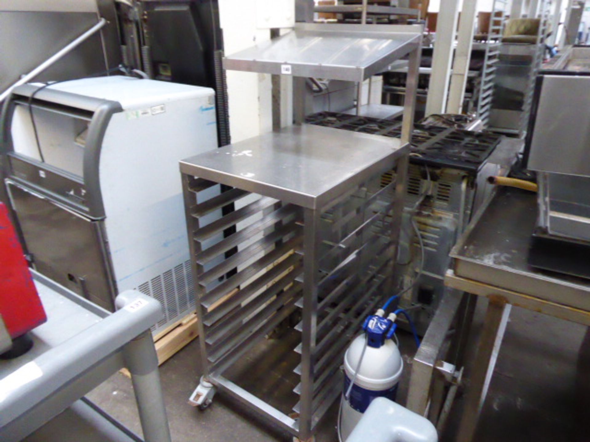 48cm stainless steel mobile prep station with shelf over and space for trays under