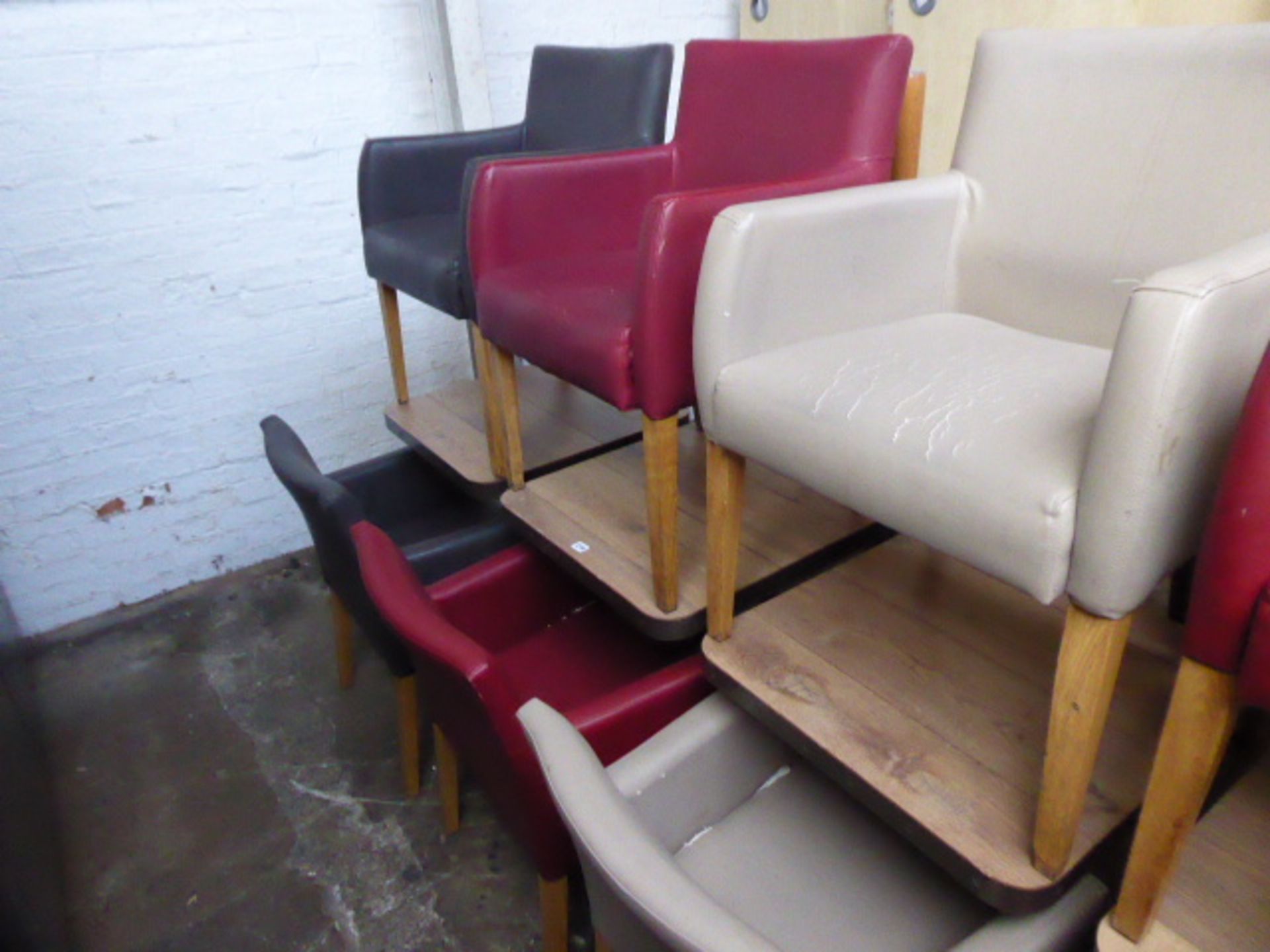 6 leather effect bistro armchairs with 3 heavy square top oak finish and metal banded tables