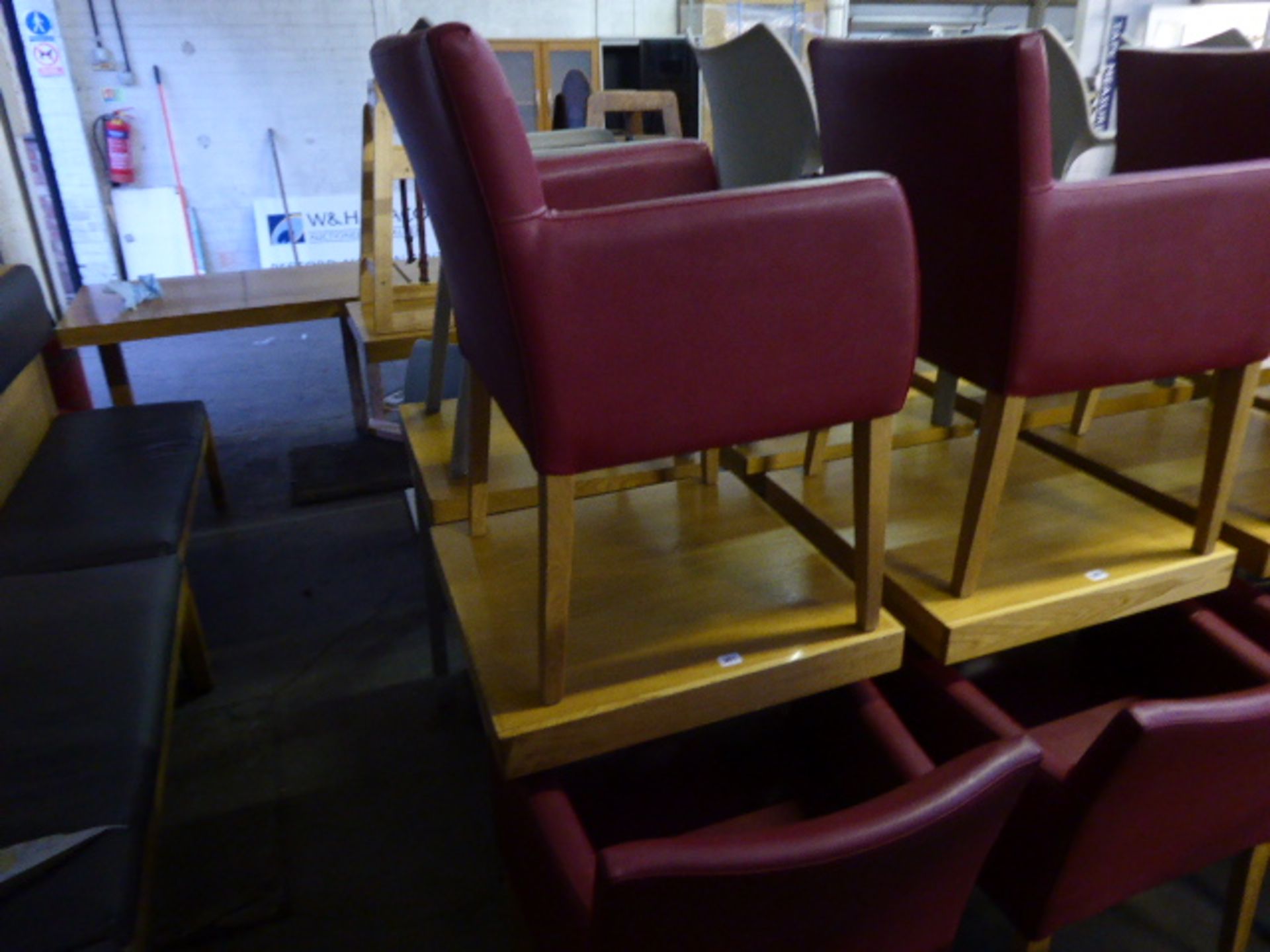 60cm square top oak table on metal single pedestal base with 2 red leather effect tub chairs