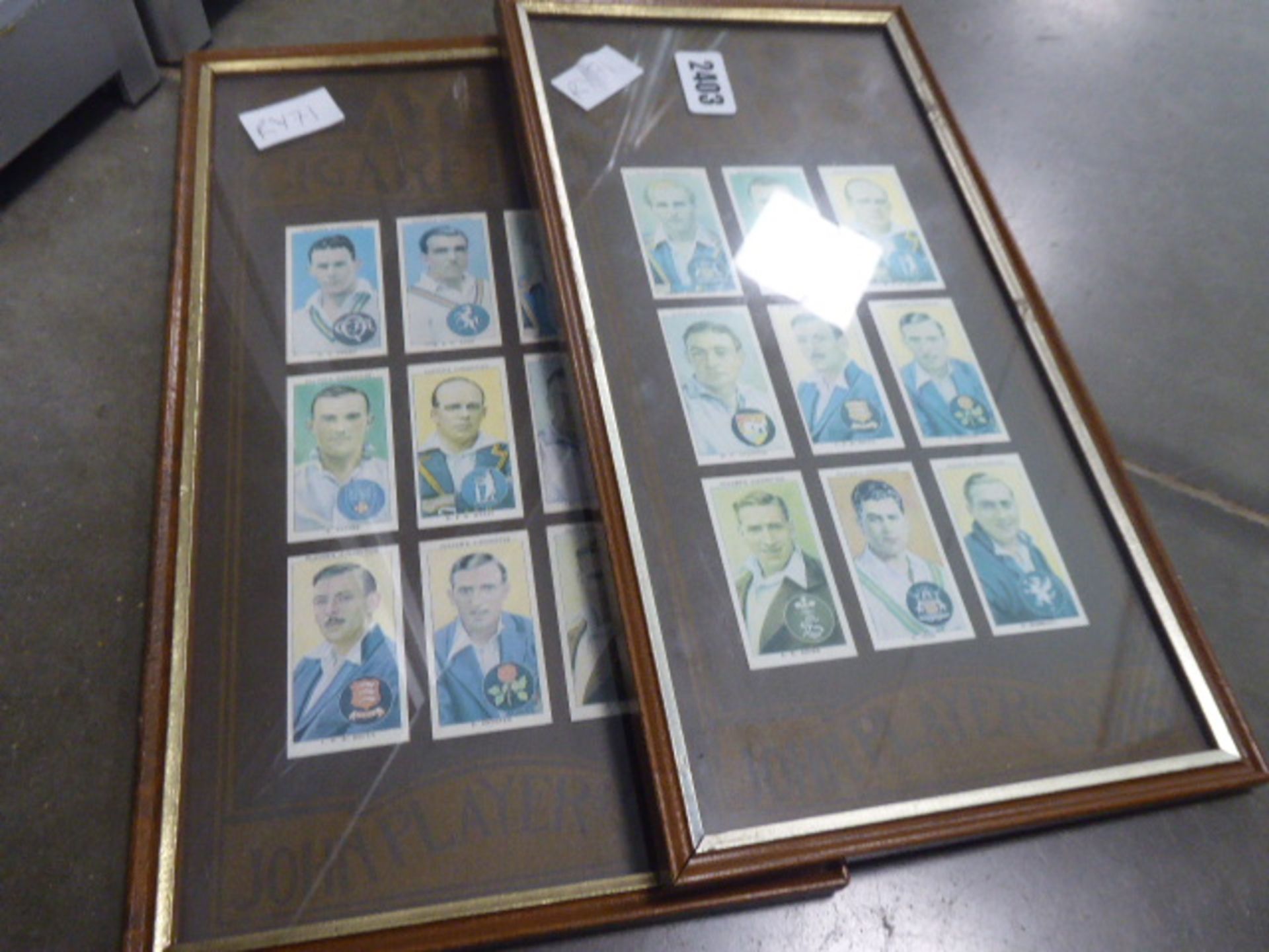 2 framed sets of 9 Players cigarette cards on sports personalities