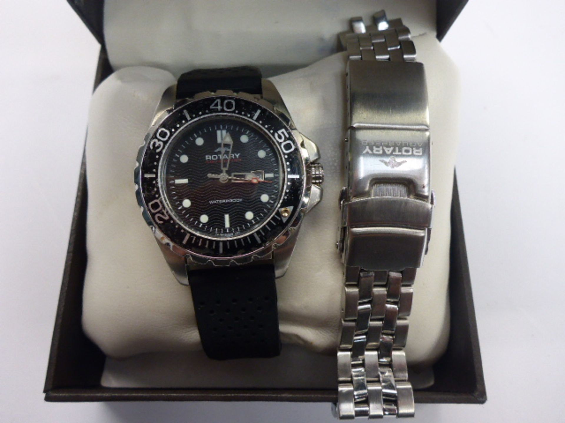 Rotary Aquaspeed wristwatch with additional stainless steel strap in box