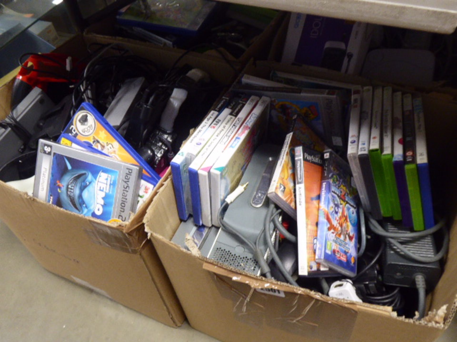 4 box containing large quantity of games console equipment, games, controllers, psu's etc