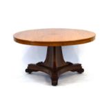 A 19th century rosewood centre table, the circular tilt-top on a triangular-form column,