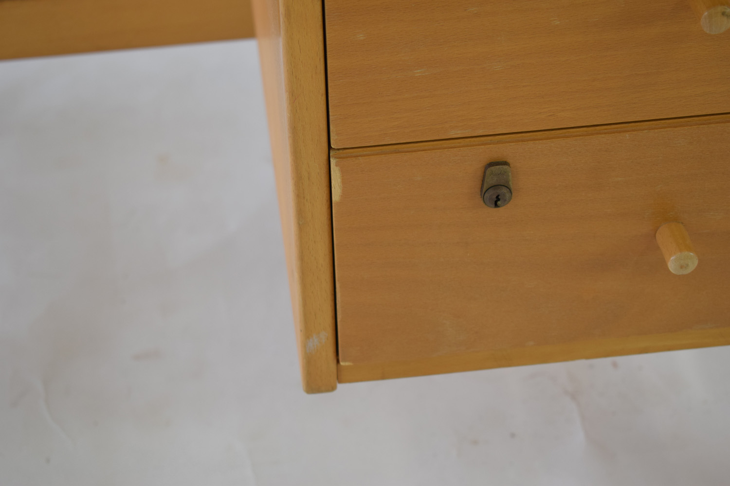 A Danish beech and laminate desk, the single pedestal with two drawers, on square supports, - Image 3 of 5