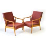 A pair of 1950's Czech armchairs with beech frames and red speckled upholstery *Sold Subject to