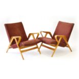 Frantisek Jirak for Tatra Nabytok, a pair of Model 24-23 Czech armchairs with oak bentwood frames,