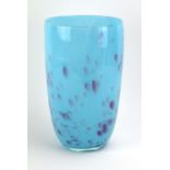 A 1970/80's turquoise cased glass vase with pale pink fish-scale type decoration, h.