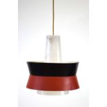 A 1960's red and black enamelled ceiling light with a perspex conical inner shade