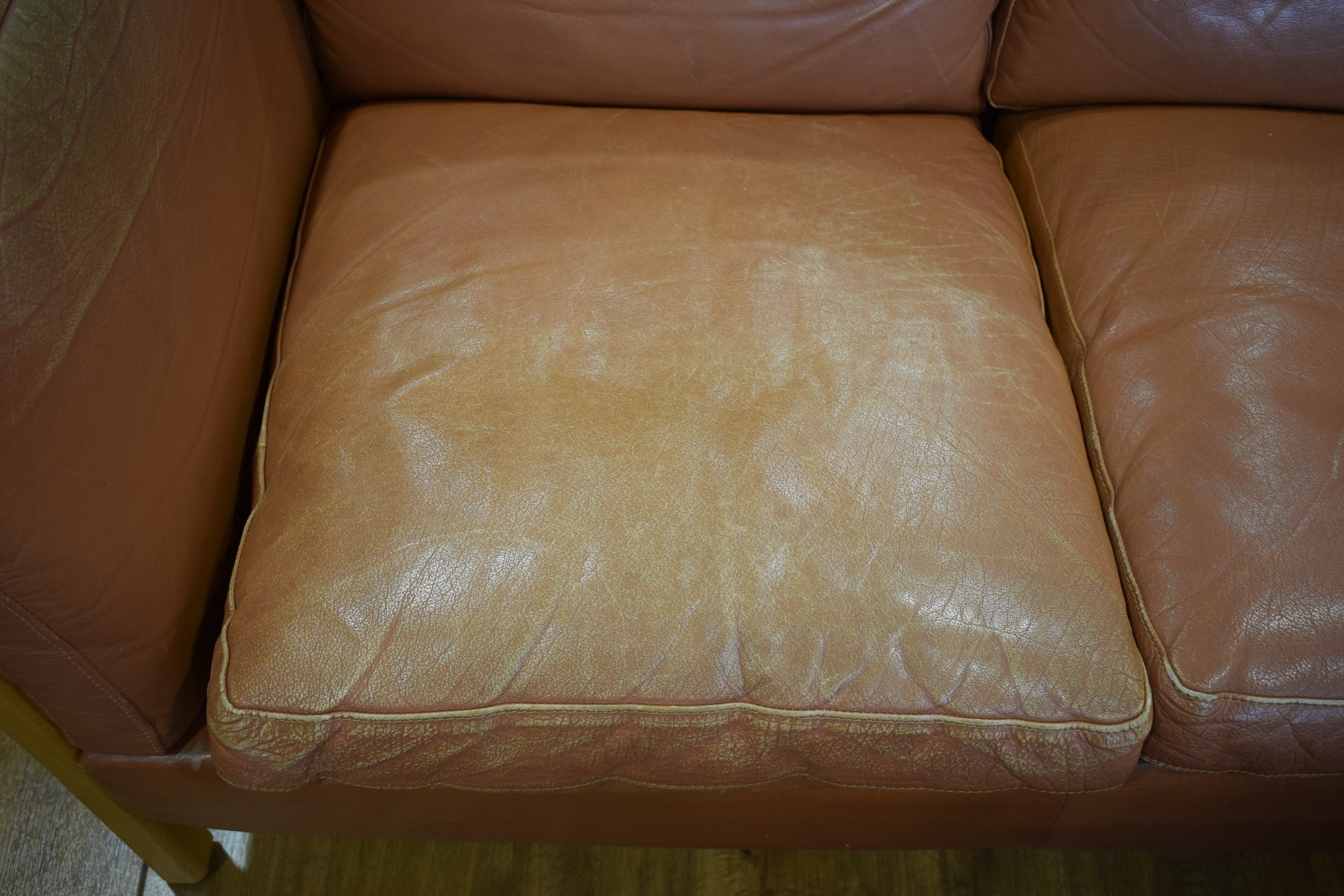 A Danish tan leather three seater sofa with an exposed beech frame, by Stouby, l. - Image 7 of 15