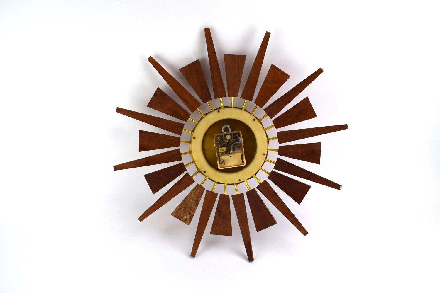 A 1970's teak and brass finished 'Sunburst' or 'Starburst' wall clock by Anstey & Wilson, d. - Image 2 of 2