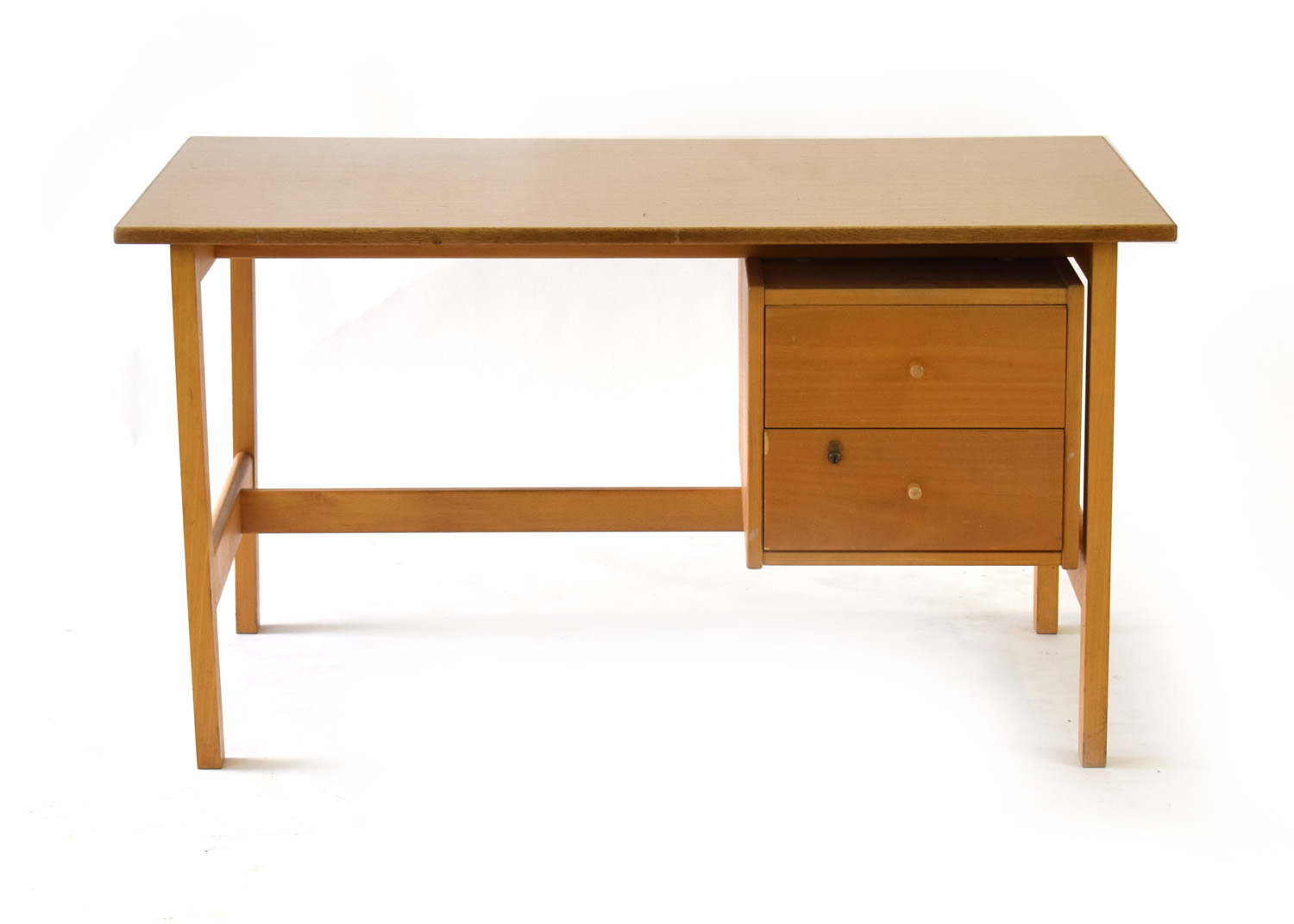 A Danish beech and laminate desk, the single pedestal with two drawers, on square supports,