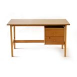 A Danish beech and laminate desk, the single pedestal with two drawers, on square supports,