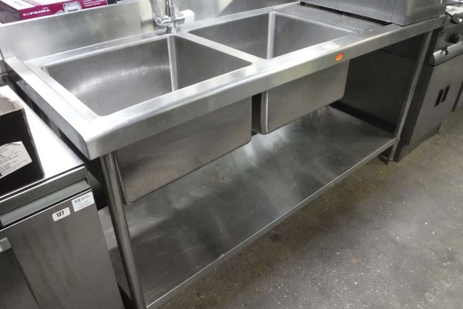 180cm stainless steel double bowl sink with tap set, draining board and shelf under