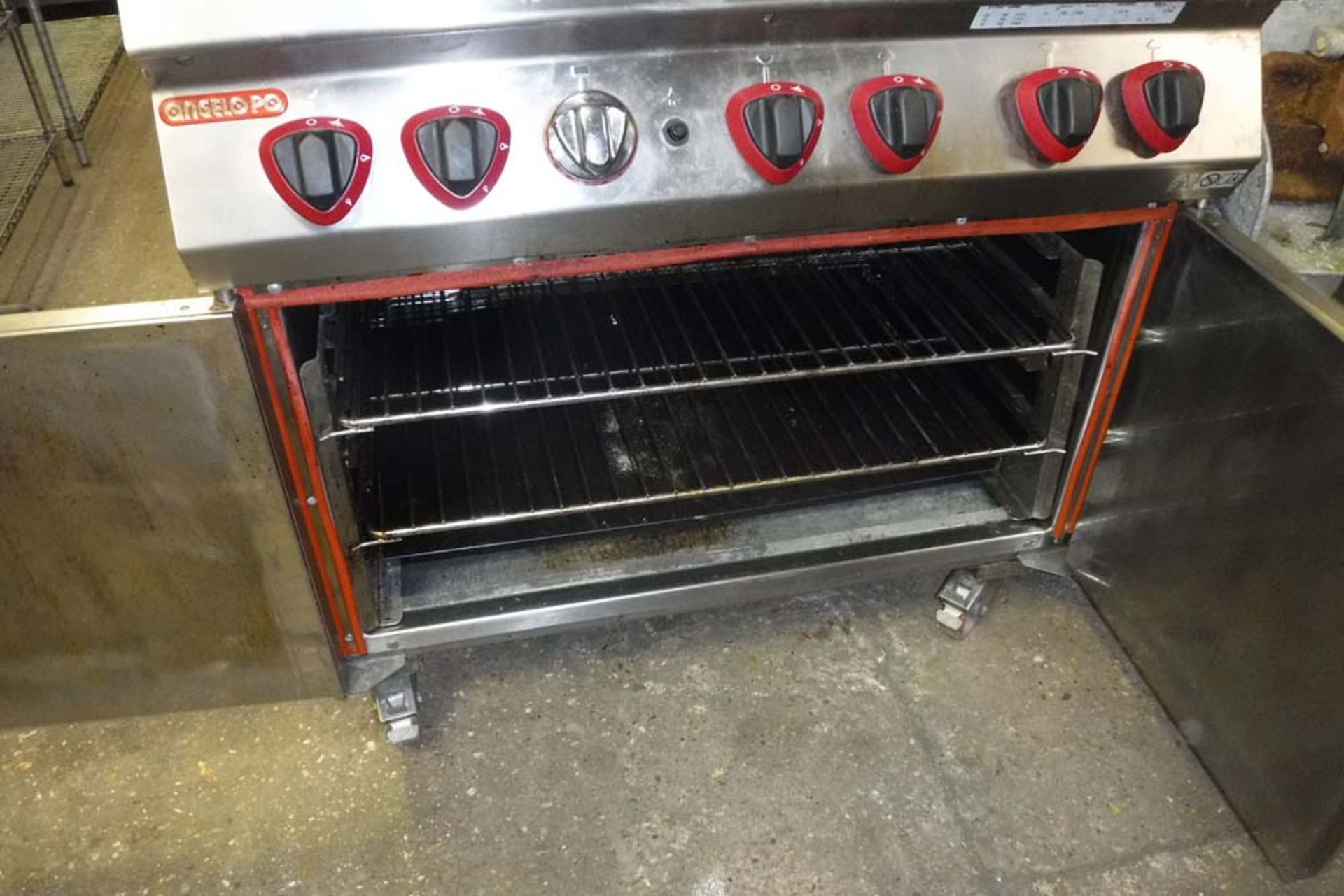 90cm gas Angelo Po 6 burner cooker with double door oven under on castors - Image 2 of 2