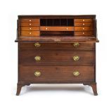 A George III mahogany secretaire, the fall-front enclosing a fitted satinwood interior,