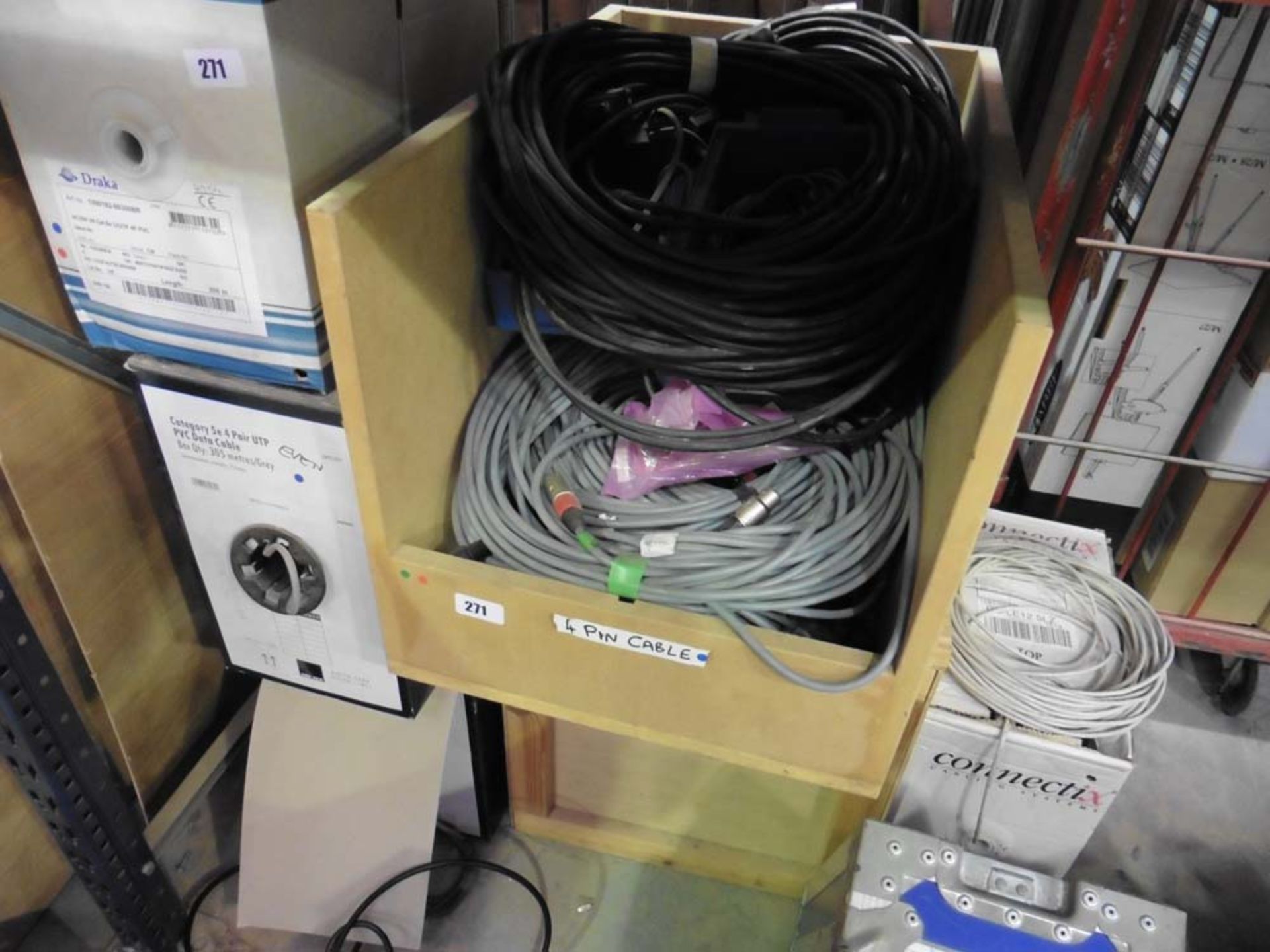 Crate of 4 pin cables and reels of data cabling