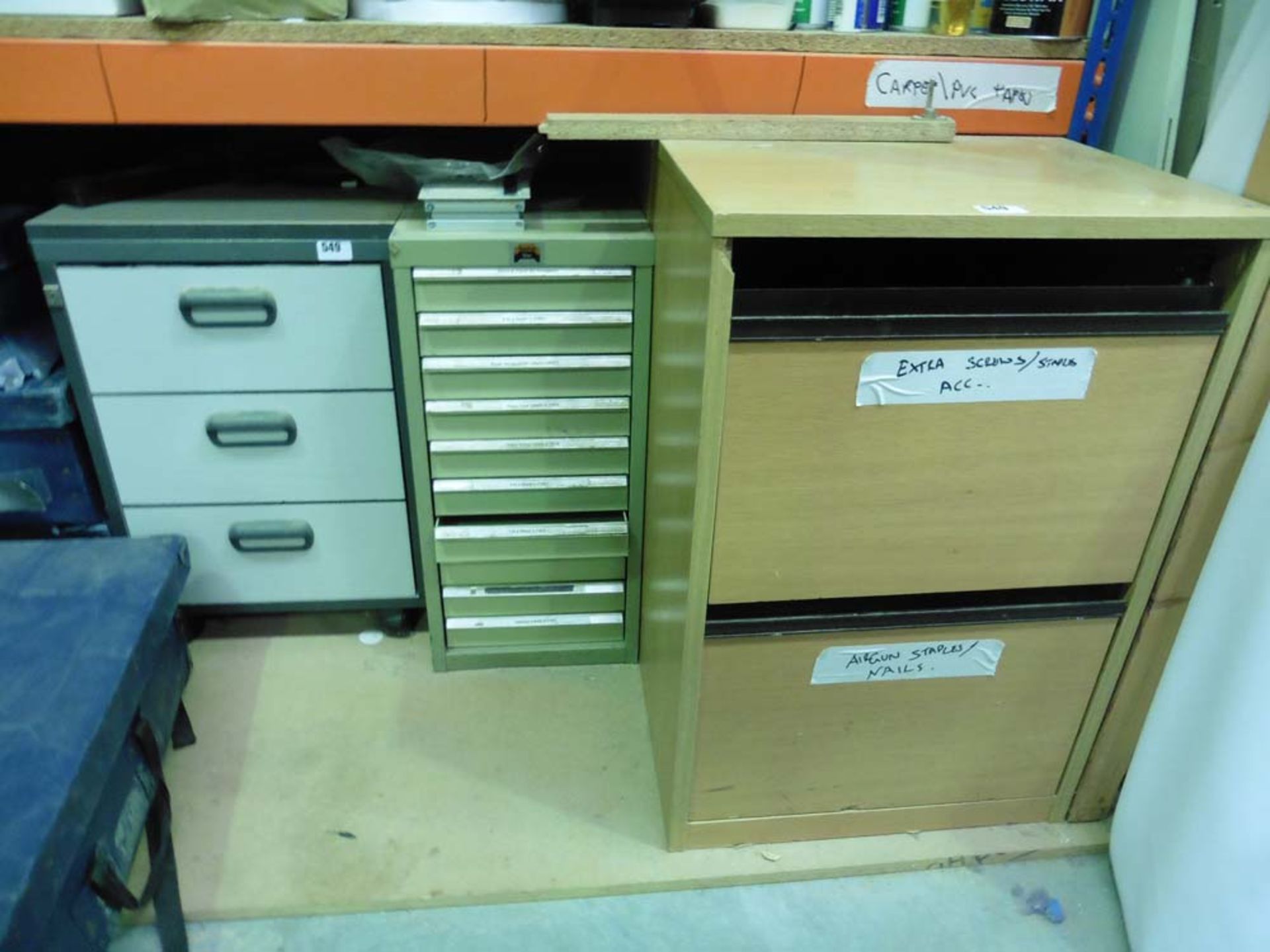 Multidrawer unit and 2 pedestals containing various straps, staples, and stationary