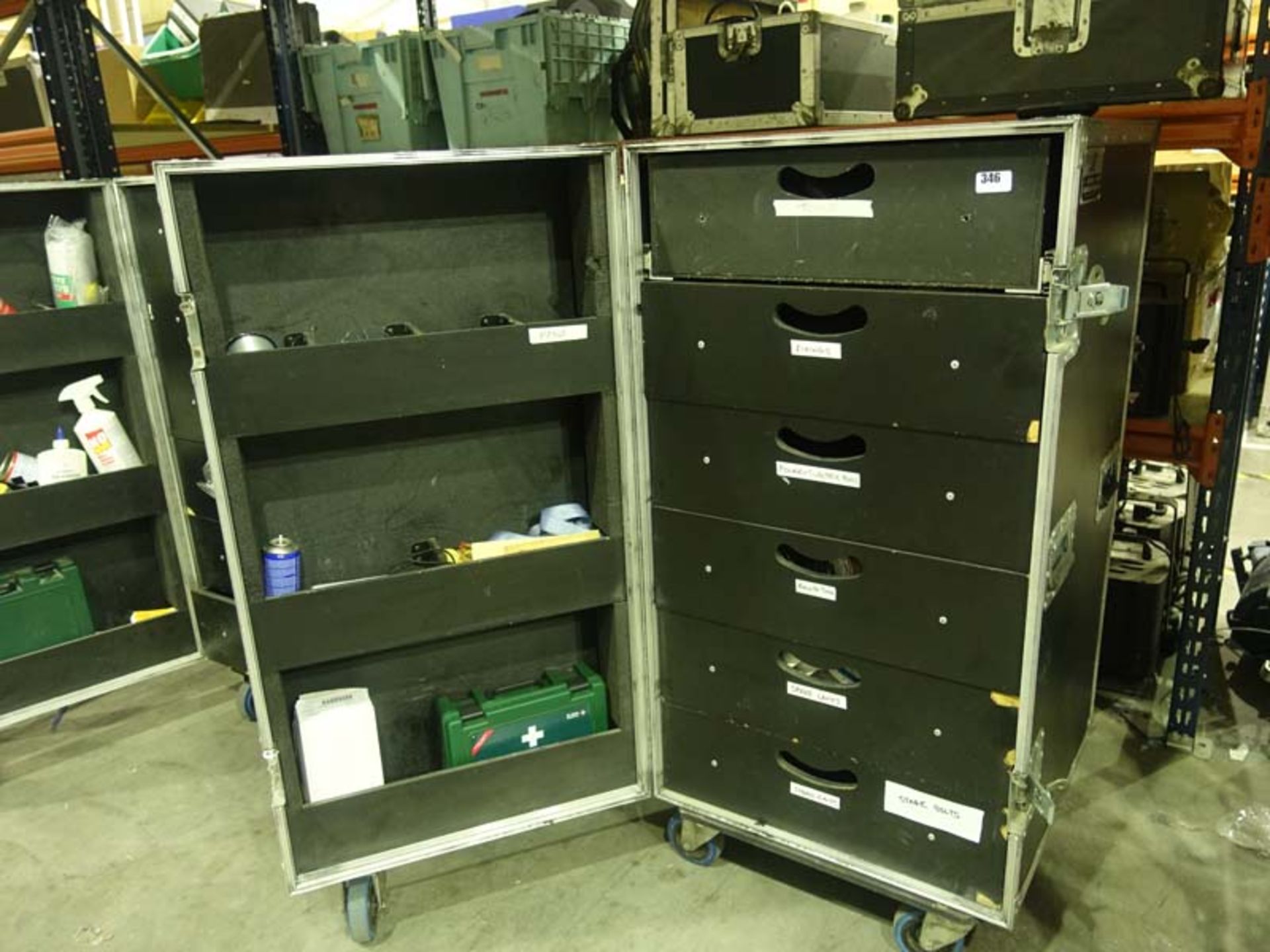 Wheeled freight case containing Production Box Equipment including hand tools, fixings, tape, clamps