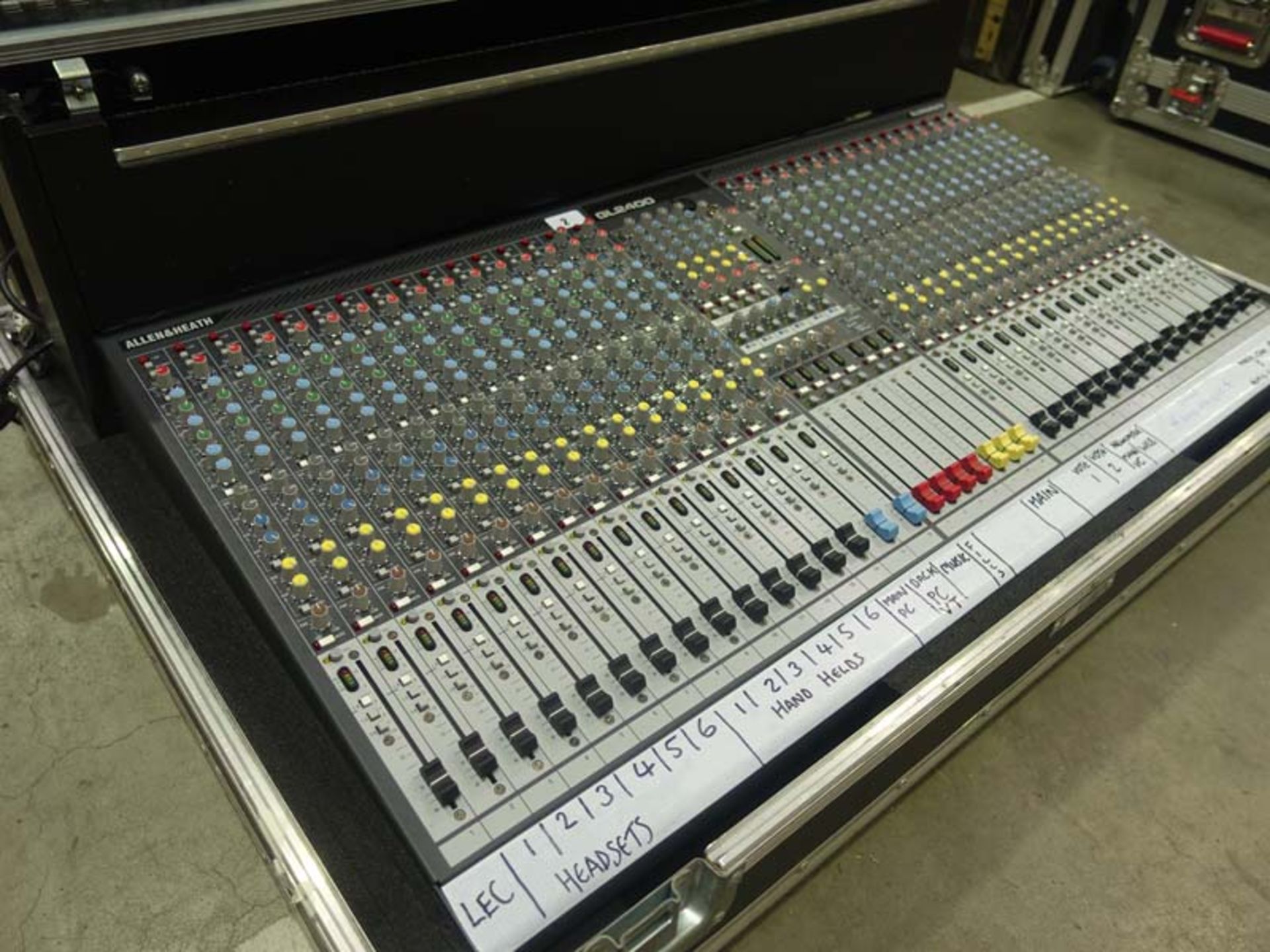 Allen & Heath model GL2400 32 channel mixing deck with wheeled flight case