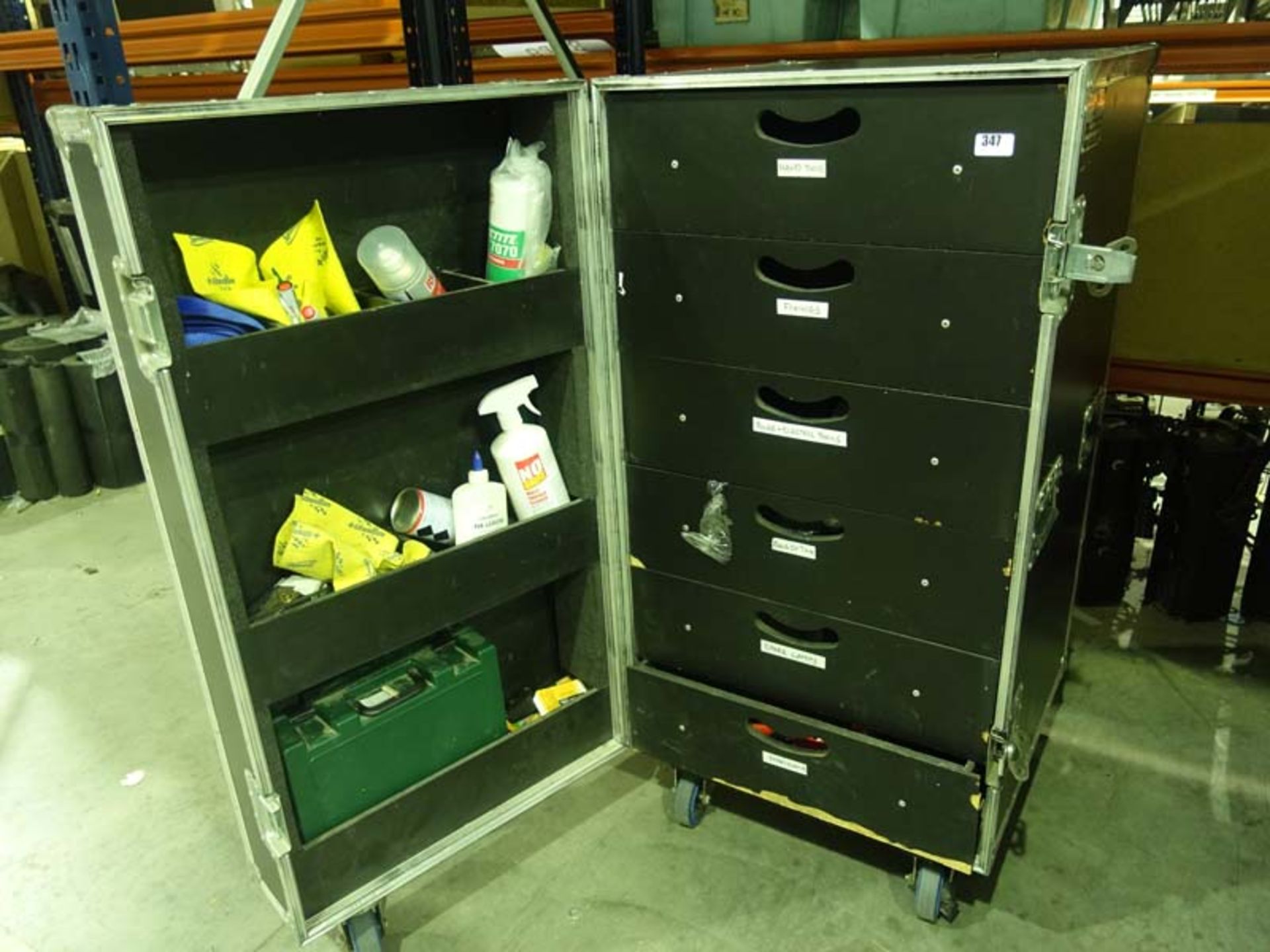 Wheeled freight case containing Production Box Equipment including hand tools, fixings, tape, clamps