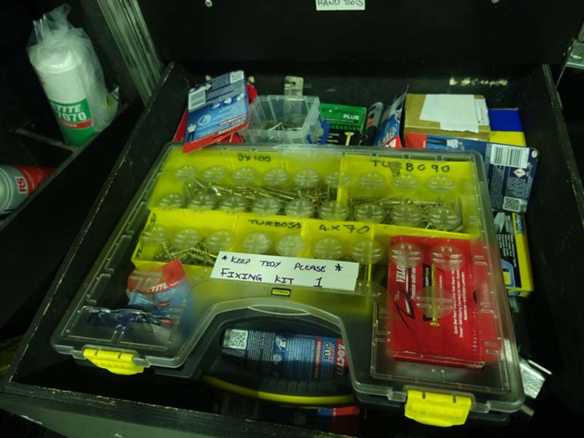 Wheeled freight case containing Production Box Equipment including hand tools, fixings, tape, clamps - Image 6 of 7