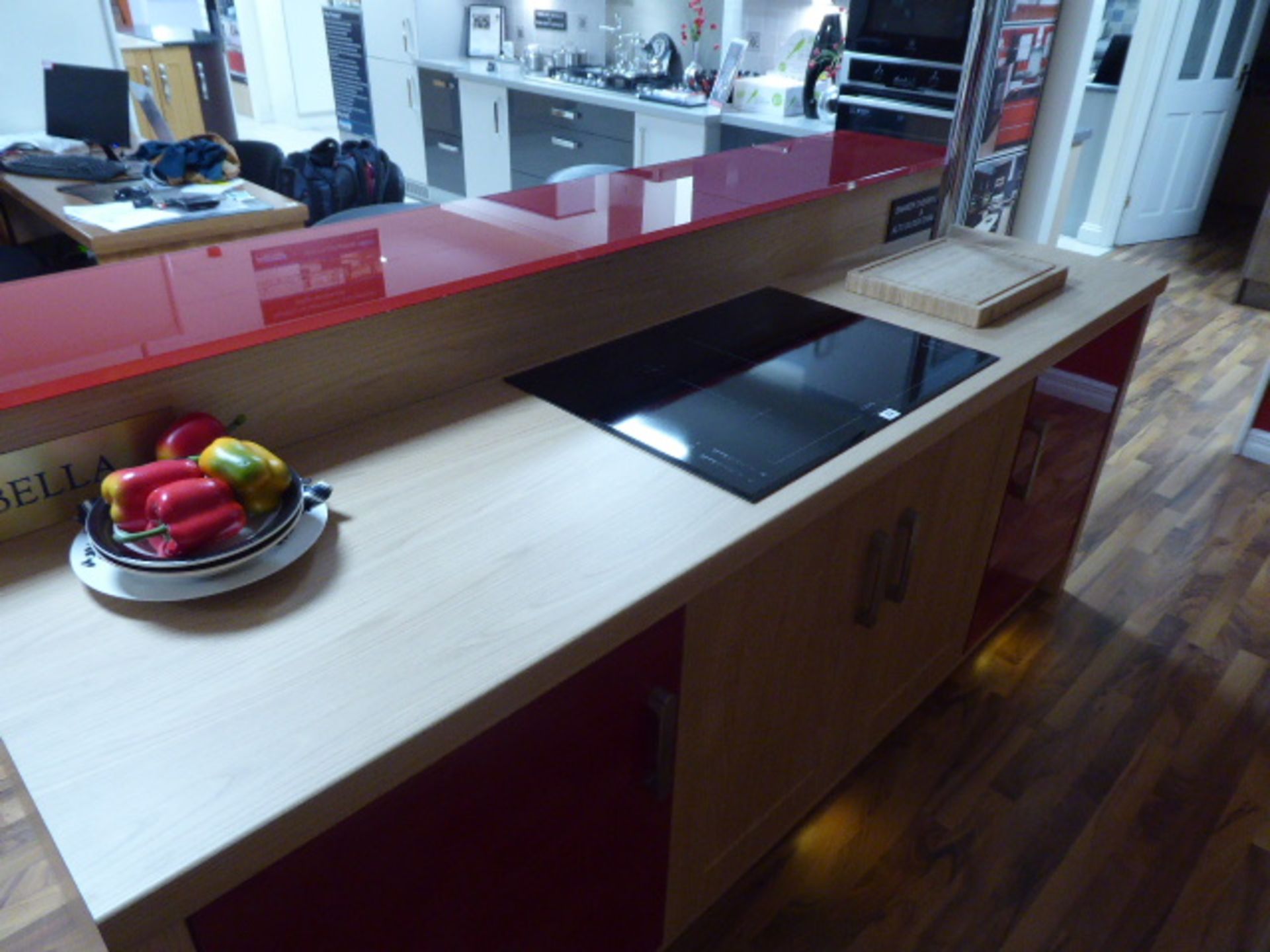 Shaker Cherry Lucce and Alto Gloss China Red kitchen with a light oak effect worktop with a matching - Image 3 of 13